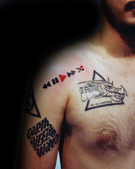 Red And Black Ink Male Simple Music Tattoo On Shoulder