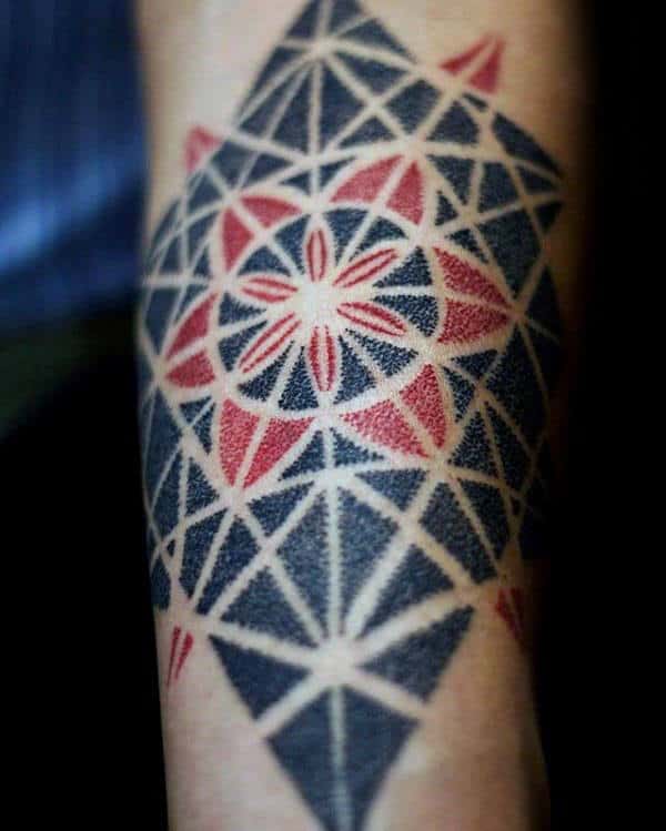 Red And Black Ink Mens Pointillism Flower Tattoo