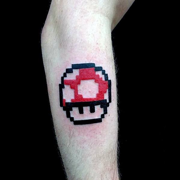Red And Black Ink Mushroom Male 8 Bit Arm Tattoo