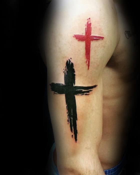 red-and-black-ink-paint-brush-stroke-simple-cross-mens-arm-tattoos