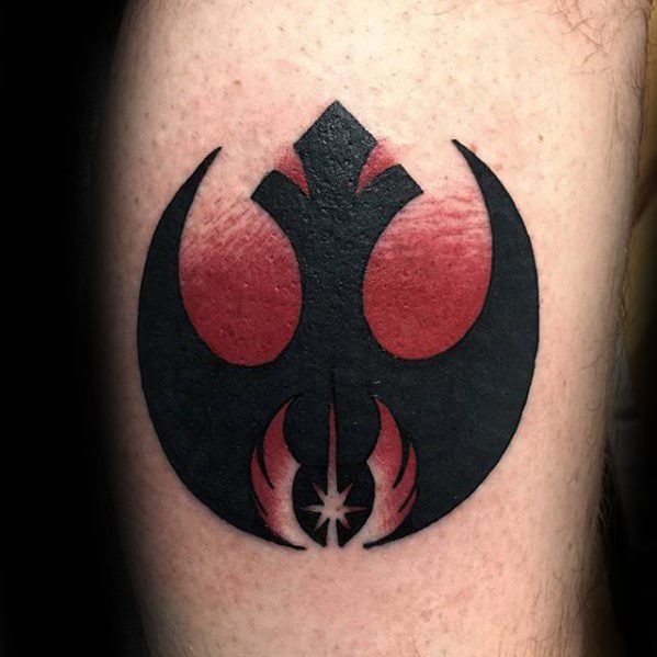 Red And Black Ink Rebel Alliance Guys Tattoo Designs On Leg
