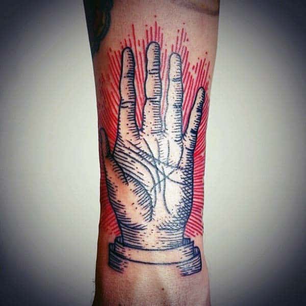 Red And Black Ink Woodcut Hand Tattoo For Guys On Forearm