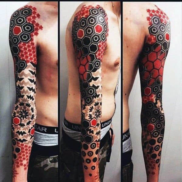 Red And Black Male Trash Polka Sleeve Tattoos