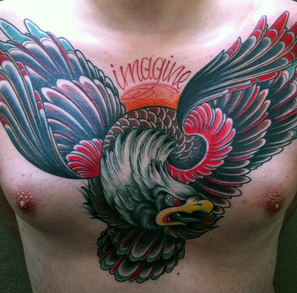 Red And Black Mens Bald Eagle Upper Chest Tattoo Designs