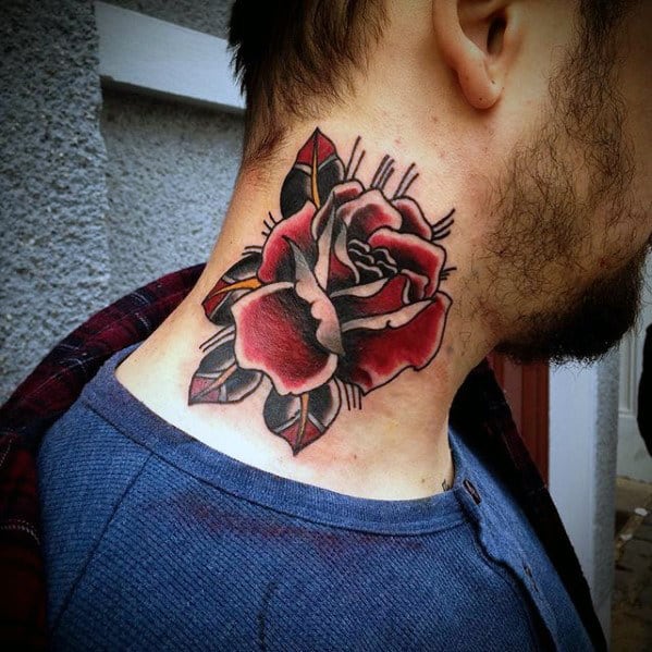 Red And Black Rose Flower Traditional Mens Neck Tattoo
