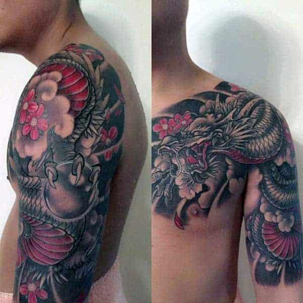 red-and-black-traditonal-japanese-dragon-mens-half-sleeve-and-chest-tattoos