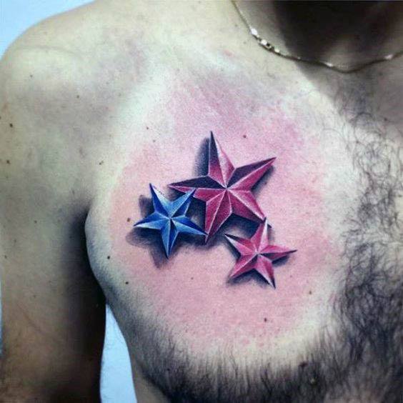 Red And Blue Chest Sharp 3d Star Male Tattoo Ideas