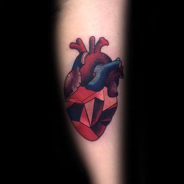 Red And Blue Ink Geometric Heart Guys Tattoos