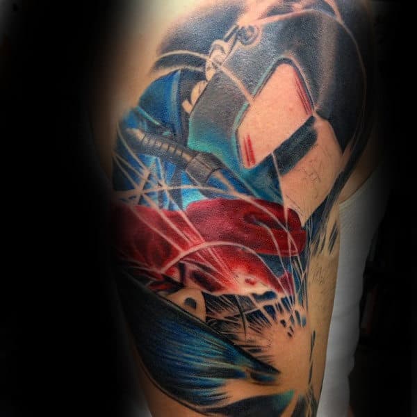 Red And Blue Mens Welding Upper Arm Tattoo Designs