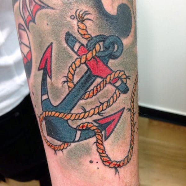 Red And Blue Sailors Anchor Tattoo For Men