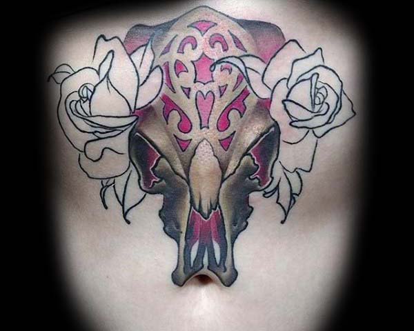Red And Gold Bull Skull With Rose Flowers Mal Chest Tattoos