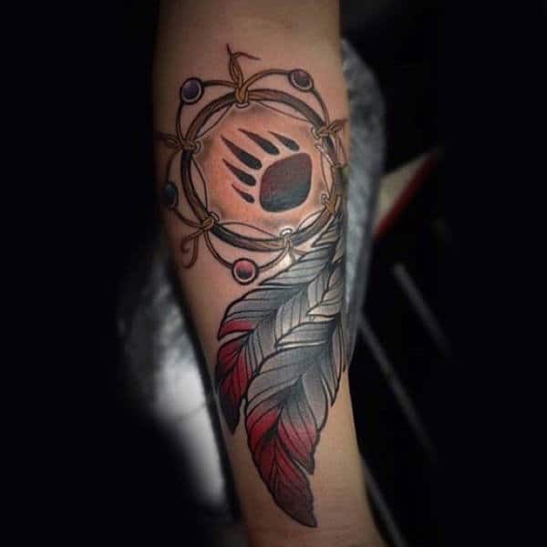 Red And Grey Bear Print Dreamcatcher Mens Forearm Tattoo