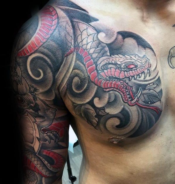Red And Grey Ink Arm And Chest Mens Tattoo With Japanese Snake Design