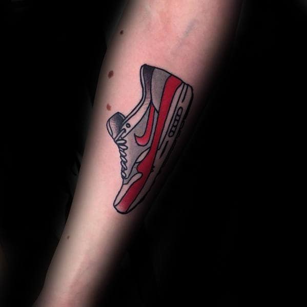 Red And Grey Ink Guys Retro Old School Inner Forearm Nike Sneaker Tattoos.