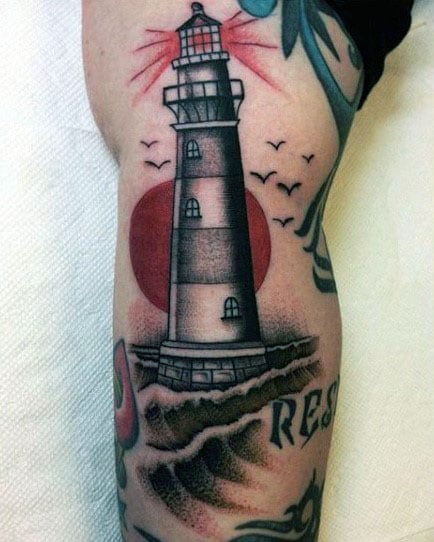 Red And Grey Ink Male Traditional Lighthouse Arm Tattoos
