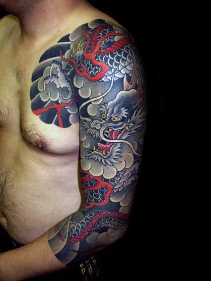 Red And Grey Japanese Dragon Male Half Sleeve Tattoo Design Ideas