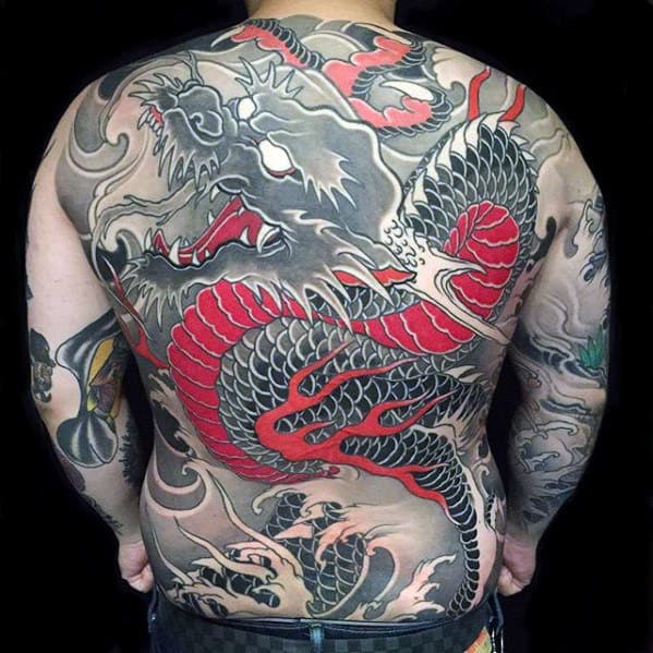 Red And Grey Japanese Dragon Mens Back Tattoo Designs