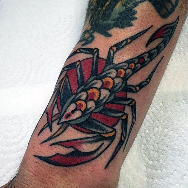 Red And Grey Nocturnal Scorpion Tattoo For Males Forearms