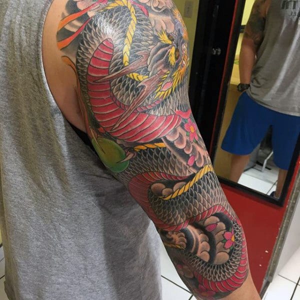Red And Grey Scaly Dragon Tattoo Full Sleeves