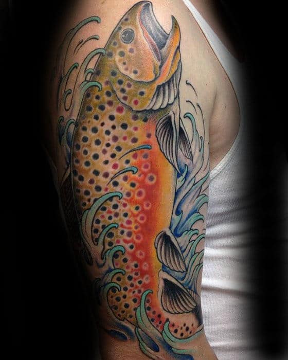 Red And Orange Trout Fish Male Arm Tattoo
