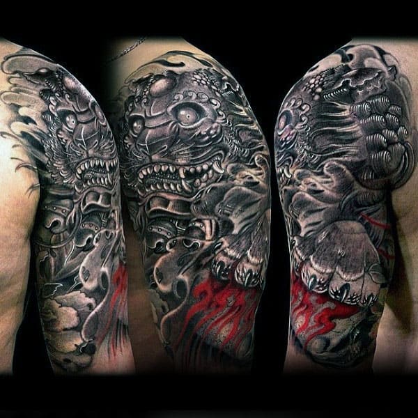 Red And Shaded Ink Male Foo Dog Half Sleeve Tattoos