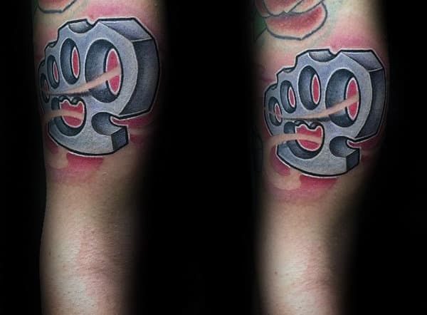 Red And Silver Brass Knuckles Male Arm Tattoos