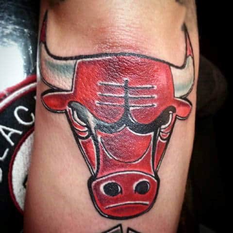 Red And White Ink Guys Chicago Bulls Logo Tattoo On Outer Forearm