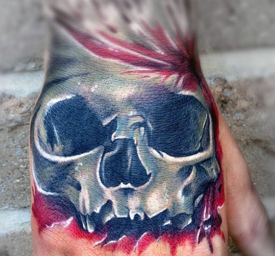 Red And White Ink Skull Mens Hand Tattoos