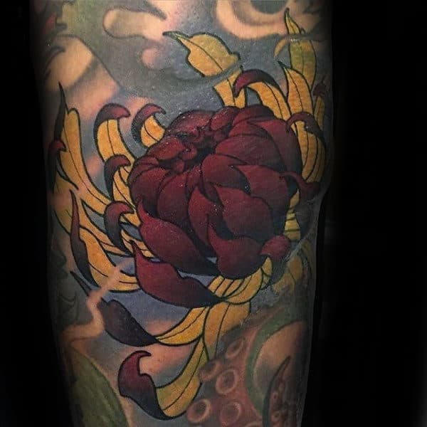 Red And Yellow Chrysanthemum Flower Mens Sleeve Tattoo On Arm