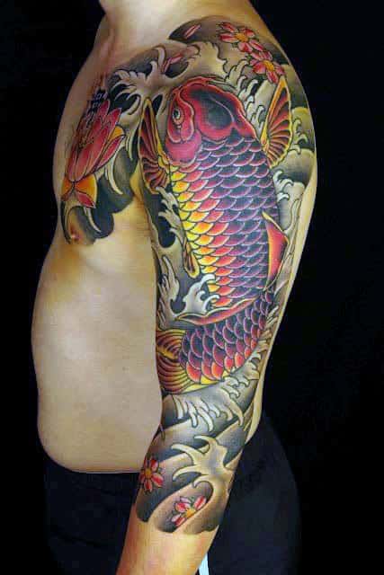 Red And Yellow Koi Fish Japanese Half Sleeve Tattoo Ideas For Guys