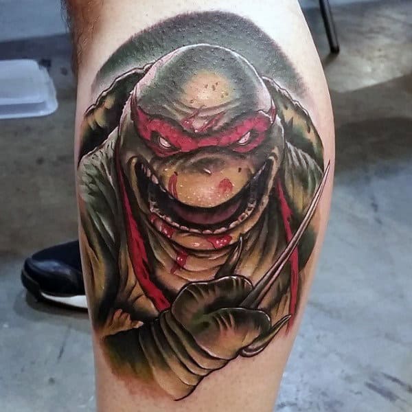 Red Angry Teenage Mutant Ninja Turtle Mens Leg Tattoo