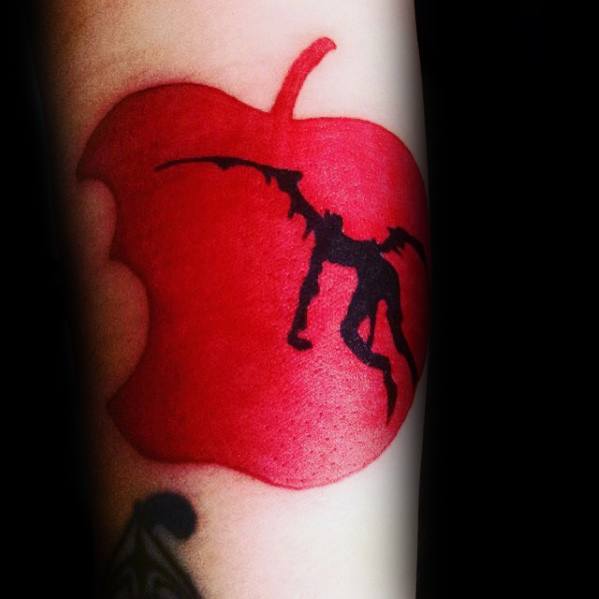 Red Apple Forearm Mens Tattoo Ideas With Death Note Design