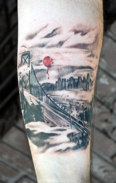 Red Ballon Floating Over Golden Gate Bridge Mens Forearm Tattoo