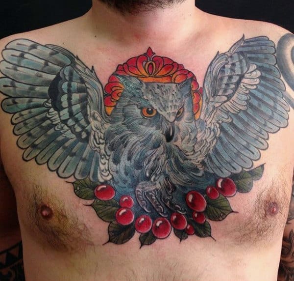 Red Berry Owl Chest Guys Tattoos