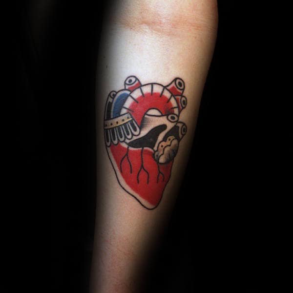 Red Black And Blue Traditional Heart Male Forearm Tattoos