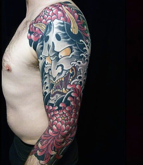 Red Black Japanese Sleeve Tattoo For Guys