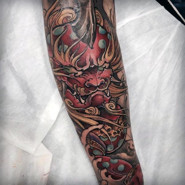 Red Chinese Guys Forearm Sleeve Tattoo