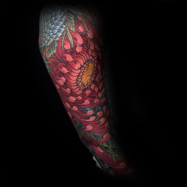 Red Chrysanthemum Guys Flower Arm Tattoos