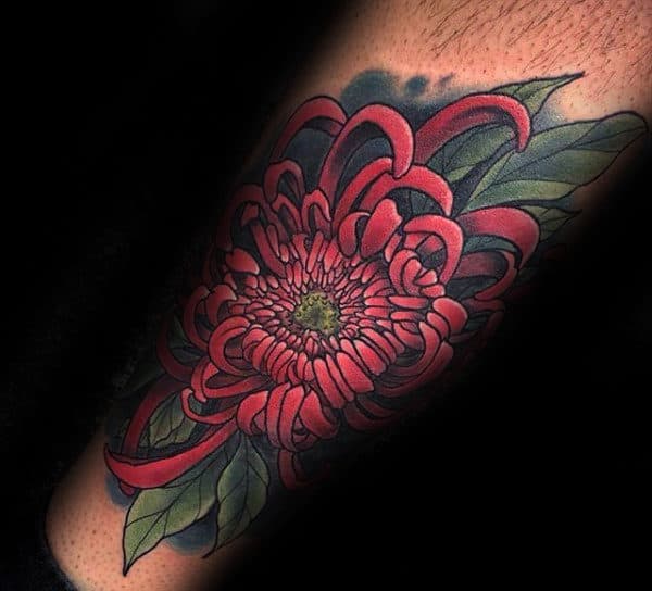 Red Chrysanthemum Mens Forearm Tattoos