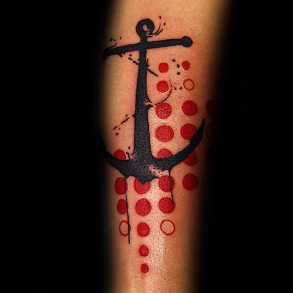 Red Circles With Black Anchor Mens Forearm Trash Polka Tattoos