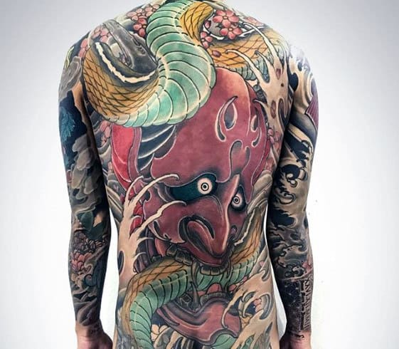 Red Demon Oni Mask With Green Snake Guys Japanese Back Tattoo