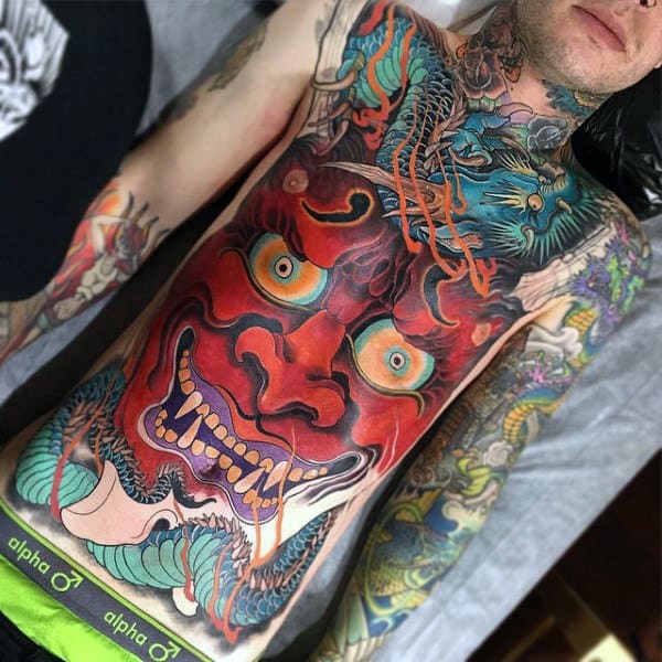Red Demon With Popping Eyes Tattoo Guys Torso