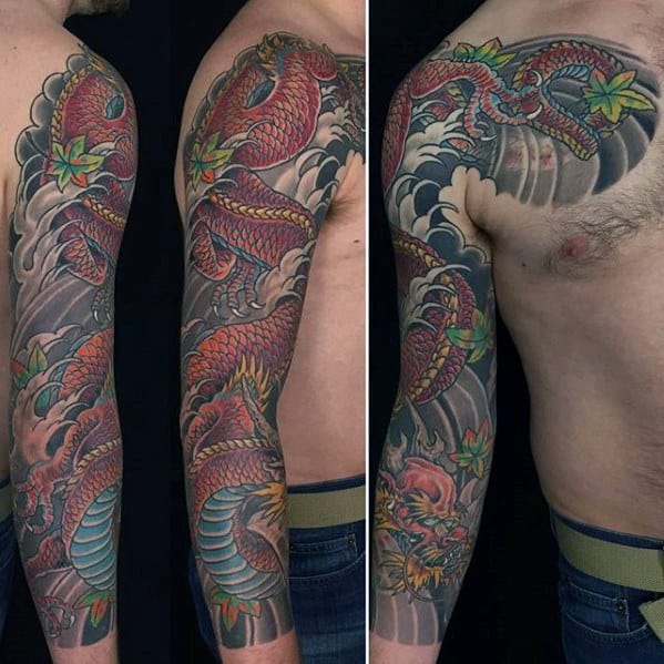 Red Dragon Guys Japanese Sleeve Arm Tattoos