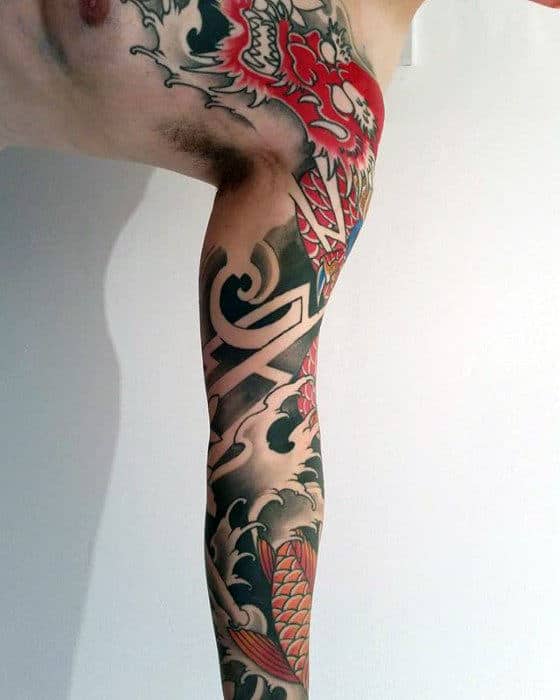 Red Dragon Japanese Male Arm Tattoo Ideas
