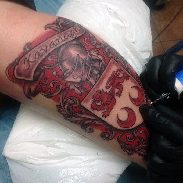 Red Family Crest Tattoo For Men On Leg Calf