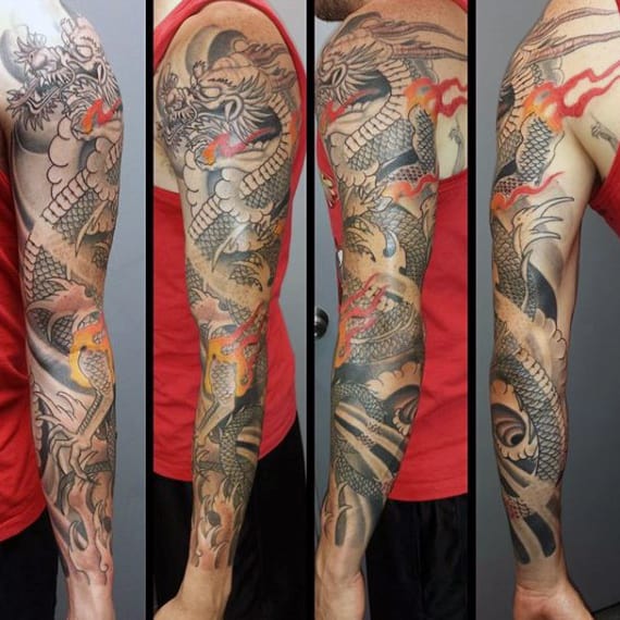 Red Firing Dragon Tattoo Male Full Sleeves