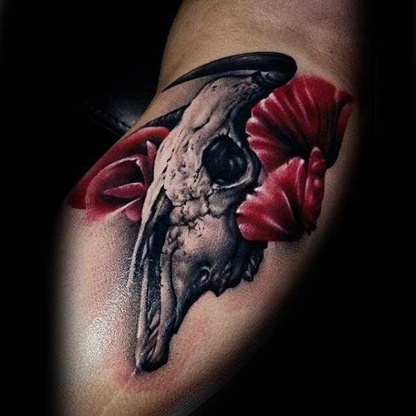 Red Flower Bull Skull Mens Realistic Arm Tattoos