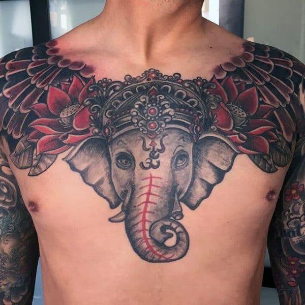 Red Flower With Black Shaded Ink Ganesh Mens Chest And Shoulder Tattoos