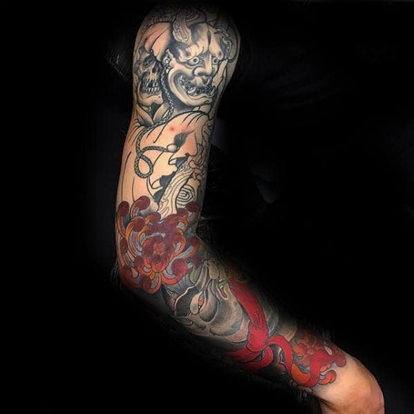 Red Flowers With Kitsune Fox And Demon Masks Guys Arm Tattoo