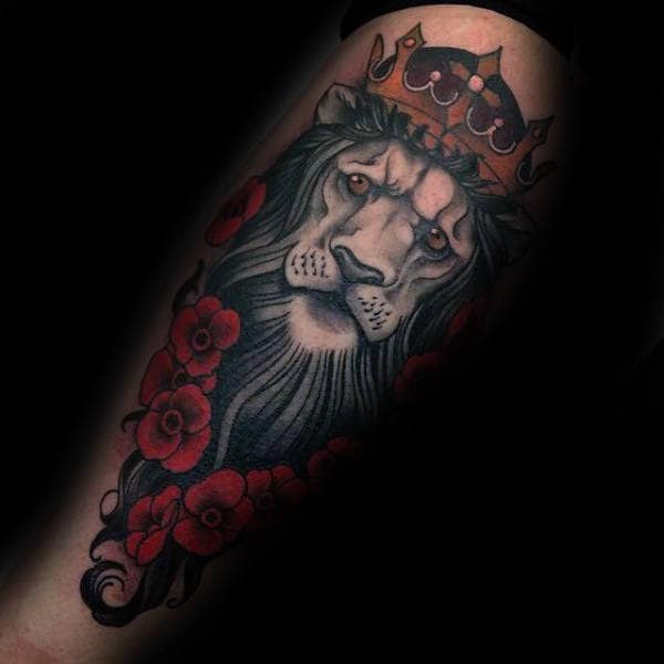 Red Flowers With Lion With Crown Mens Arm Tattoos